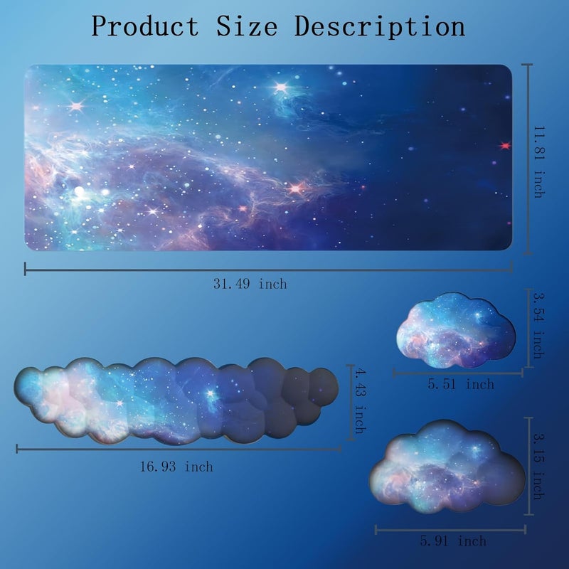 WFCYGL Cloud Wrist Rest Keyboard Galaxy Mouse Pad Set Gradient Blue Large Desk Mat Ergonomic Space Wrist Pad Memory Foam Non-Slip Stars Wrist Support for Computer Laptop Gaming Home Office Relief Typing Pain - Image 2